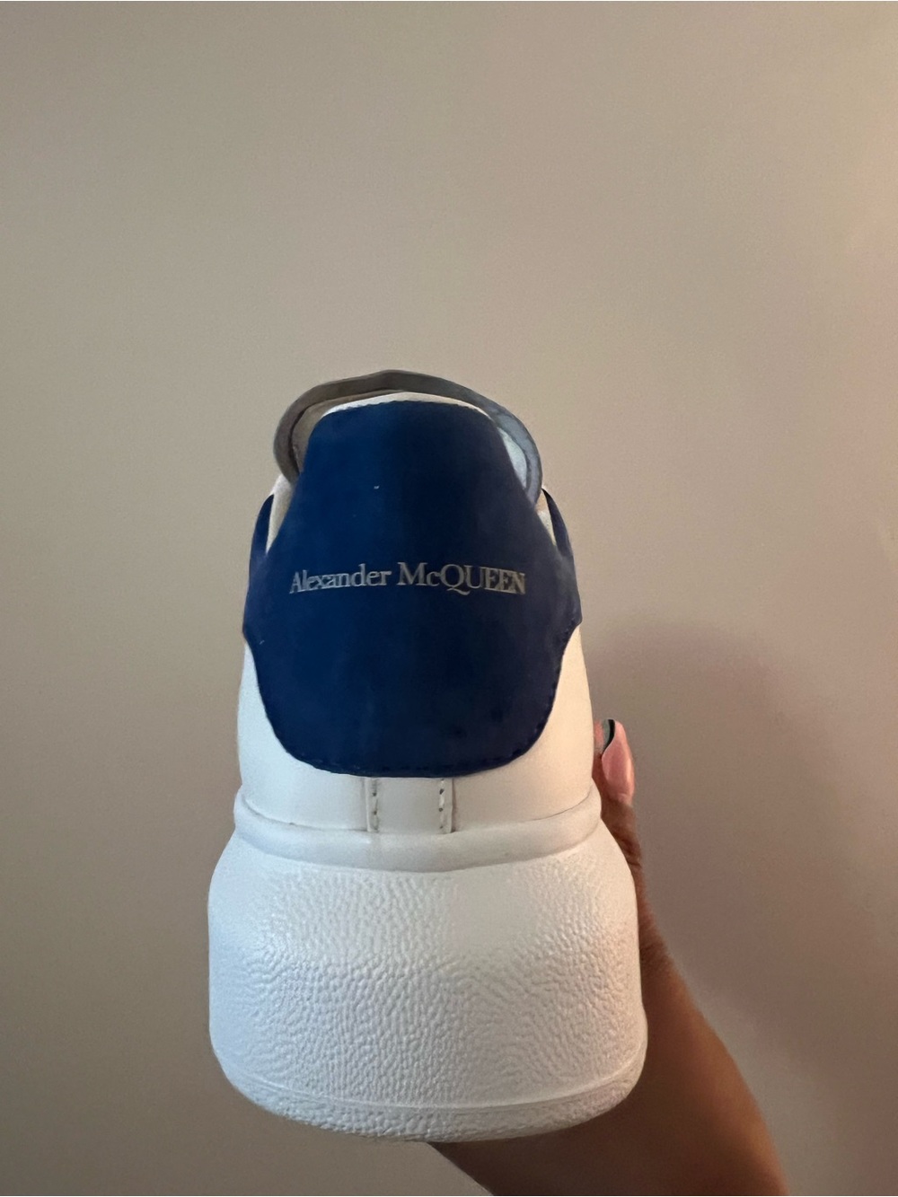 Alexander McQueen White Leather Sneaker with Navy Heel Tab